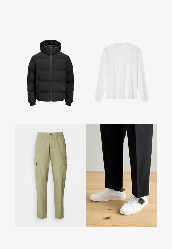 Musta polsterdatud jakk kapuutsiga, millel on ees lukk, soonikkoes varrukad ja sile tekstuur. Nähtavaid logosid või mustreid pole.; Pika, pikkide varrukatega valge puuvillane T-särk, millel on ümar kaelus ja soonikkoes mansetid. Lihtne, kaunistusteta disain, mis hõlmab siledat tekstuuri ja standardset sobivust.; Kerged püksid helesinisest oliivrohelisest värvist, valmistatud tekstuursest kangast, millel on kaks külge taskut ja sirge jalgade disain nupuga sulgemisega.; Valged sneakersid siledat tekstuurist, millel on pruunad nahast detailid ja mustad aksessuaarid, millele on sobitatud mustad kohandatud püksid. Puitpõranda taust.