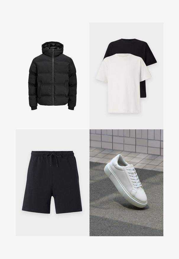 Juoda paminta striukė su gobtuvu, su priekiniais užtrauktukais, raštuotais rankogaliais ir lygia tekstūra. Nėra matomų logotipų ar raštų.; Medvilniniai marškiniai, kuriuos sudaro juodas ir baltas marškinėliai, abu su trumpomis rankovėmis, apvaliu iškirpimu ir standartiniu sijonu. Tekstūruota medžiaga.; Juodos medvilninės šortai su elastinga juosmens juosta ir virvele, pasižymintys paprastu dizainu ir lygiu paviršiumi.; Balti odiniai sportbačiai su lygiu paviršiumi, apvalia nosimi ir plokščiomis baltomis raištelėmis. Yra tekstūruotas gumos padas ir minimalizmas dizaino elementuose.