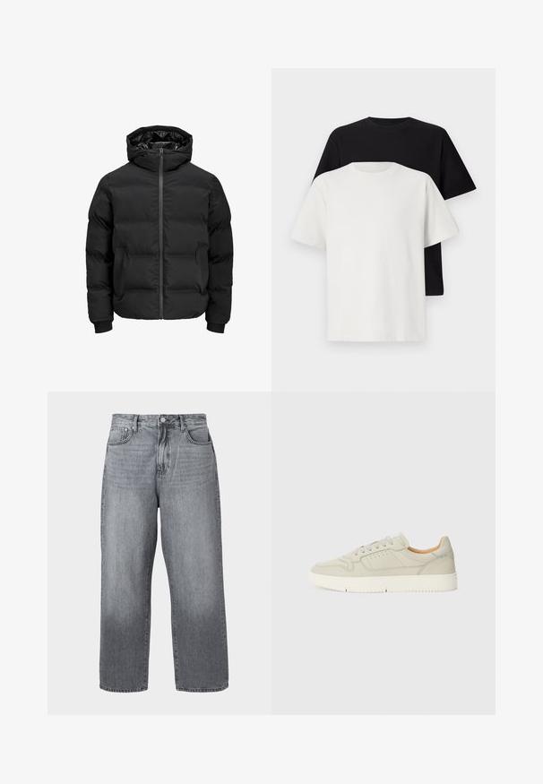 Musta polsterdatud jakk kapuutsiga, millel on ees lukk, soonikkoes varrukad ja sile tekstuur. Nähtavaid logosid või mustreid pole.; Puuvillane t-särkide komplekt, mis sisaldab musta ja valget särk, mõlemad lühikeste varrukatega, ümmarguse kaelusega ja standardse lõikega. Tekstuuriga kangas.; Hallidehalli laiad teksad, hallist denimist, kõrge vöökoht, viie taskuga disain ja metallkinnitus. Kangas näitab alläärtes kerget fadeerumist.; Heled hall nahk sneaker, millel on sirged paelad, aukude detailid ja tekstureeritud kummitald. Lihtne disain pehme sisemise voodriga.