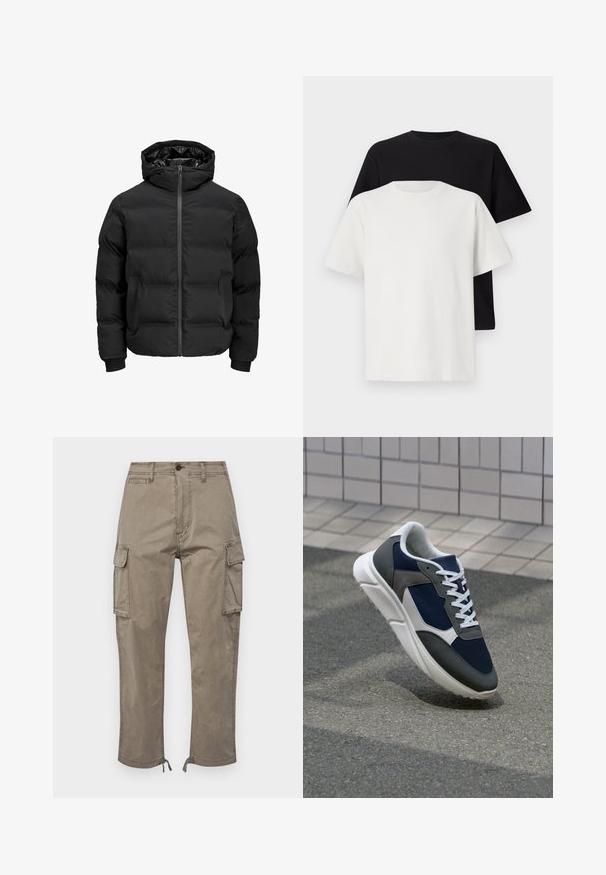 Fekete steppelt dzseki kapucnival, elülső cipzárral, bordázott ujjaival és sima textúrájával. Nincsenek látható logók vagy minták.; Pamut póló szett, amely egy fekete és egy fehér pólót tartalmaz, mindkettő rövid ujjú, környakú és normál fazonú. Texturált anyag.; A szürke taupe színű cargo nadrágok pamutból készültek, oldalsó zsebekkel, egyenes szabással és állítható szárakkal, melyeken húzózsinór található.; Cipő, amelynek sötétkék hálós felsőrésze, szürke velúr díszítései, fehér gumitalpa és lapos fehér fűzője van, a kényelem és a légáteresztő képesség érdekében tervezve.
