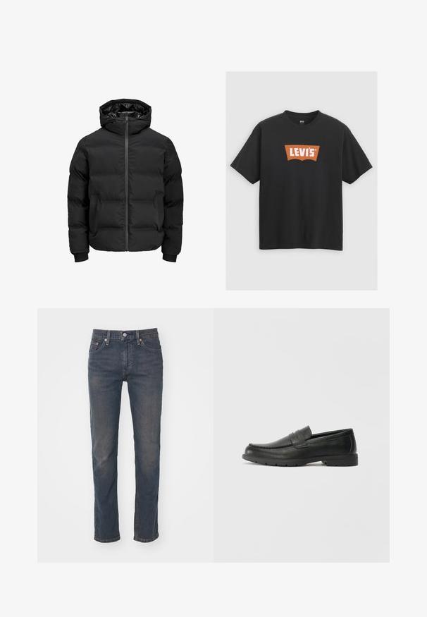 Črna podložena jakna s kapuco, z zadrgo na sprednji strani, rebrastimi manšetami in gladko teksturo. Brez vidnih logotipov ali vzorcev.; Črna bombažna majica s kratkimi rokavi, ki ima spredaj velik oranžen logotip Levi's in krožni izrez.; Temno modri dnjaki z ravnim krojem, opremljeni z luknjami za pas, enim gumbom za zapiranje in subtilno blago zbledelo teksturo.; Črne usnjene loafer čevlje z gladko površino, zgornjim delom v slogu mokasin, šivanimi detajli in gumijastim podplatom. Klasična zasnova z nizko peto.