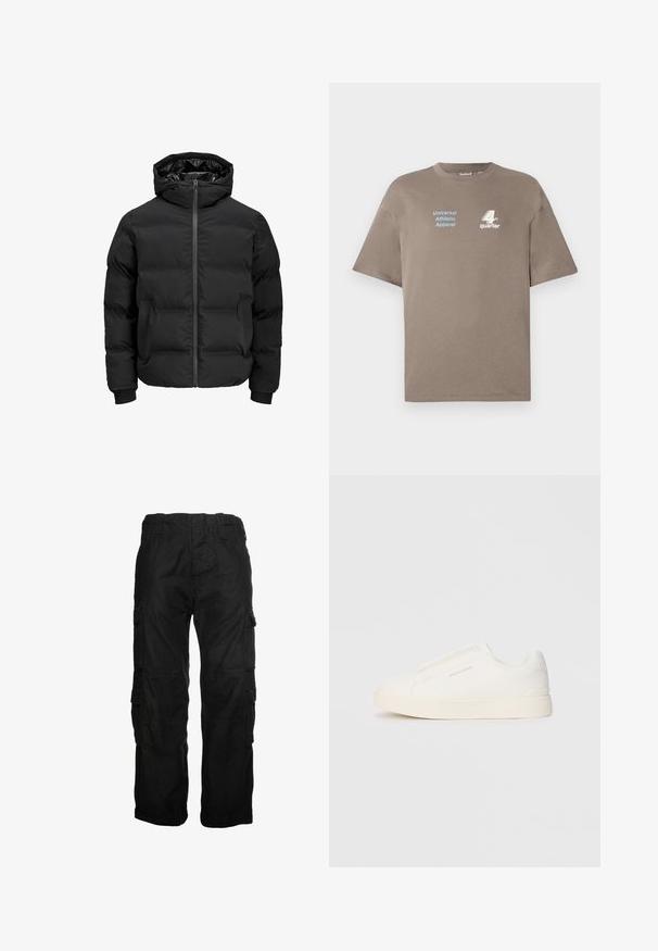 Zwarte gewatteerde jas met capuchon, voorzien van een ritssluiting aan de voorkant, geribde boorden en een gladde textuur. Geen zichtbare logo's of patronen.; Bruine katoenen t-shirt met een ronde hals. Voorzien van blauwe tekst "Universal Athletic Apparel" en een wit "4th quarter" logo aan de voorkant. Korte mouwen.; Zwarte cargobroek van katoen, met meerdere zijzakken, een elastische tailleband en een relaxte pasvorm. Soepele textuur met stiksel-details.; Witte instap sneakers met een gestructureerd oppervlak, een dikke zool en een minimalistisch ontwerp. Bevat het merklogo aan de zijkant.