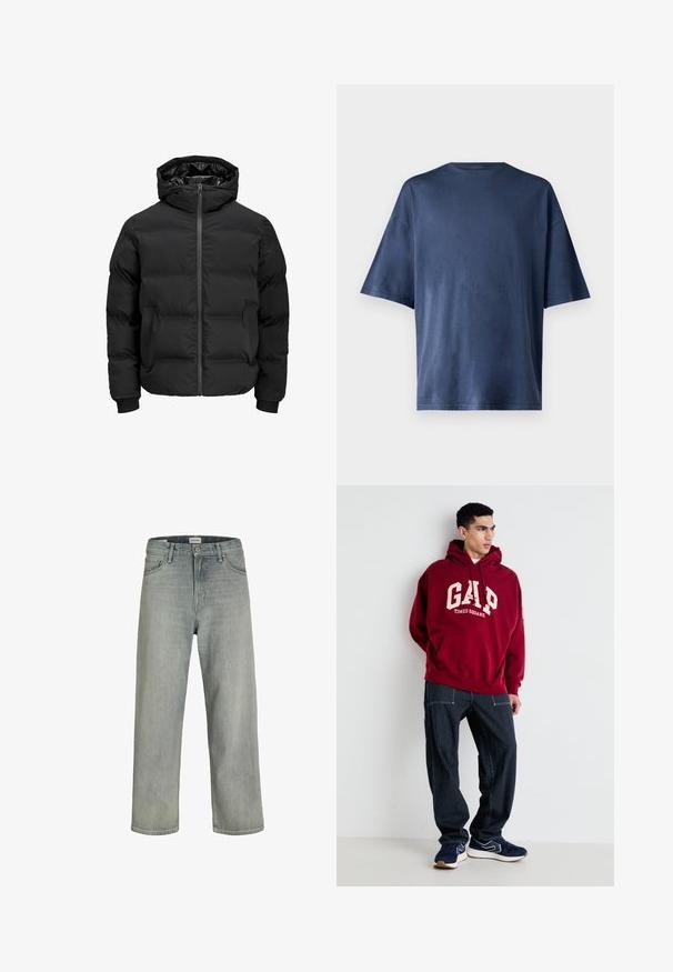 Černá polstrovaná bunda s kapucí, má přední zip, manžety s žebrováním a hladký povrch. Bez viditelných log a vzorů.; Tmavě modré tričko s krátkým rukávem, vyrobené z měkké tkaniny, má klasický kulatý výstřih a volný střih, bez viditelných vzorů nebo akcentů.; Svetle šedé, volné džíny z denimu. Mají klasický design se pěti kapsami, poutky na opasek a rovný siluetu nohavic.; Bordová mikina s kapucí se nápisem "GAP" a "TIMES SQUARE" potisknutým v krémové barvě, doplněná námořnickými pruhovanými kalhotami a námořnickými teniskami s bílými detaily.