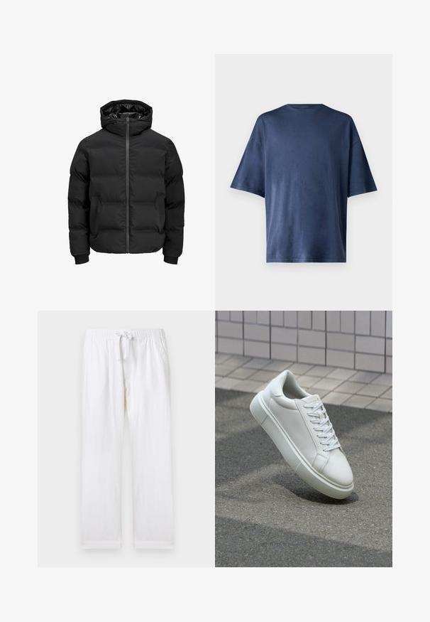 Crna podstava jakna s kapuljačom, koja ima prednje zatvaranje na patentni zatvarač, rebraste manžetne i glatku teksturu. Nema vidljivih logotipa ili uzoraka.; Mornarsko plava kratka majica s kratkim rukavima, izrađena od mekog materijala, ima klasičan okrugli izrez i ležeran kroj, bez vidljivih uzoraka ili naglasaka.; Bijele hlače opuštenog kroja s elastičnom strukom i podešavanjem uzice. Ima bočne džepove i mekan pamukasti materijal.; Bijela kožna tenisica s glatkom površinom, okruglim vrhom i ravnim bijelim vezicama. Ima teksturiran gumeni potplat i minimalne dizajnerske elemente.