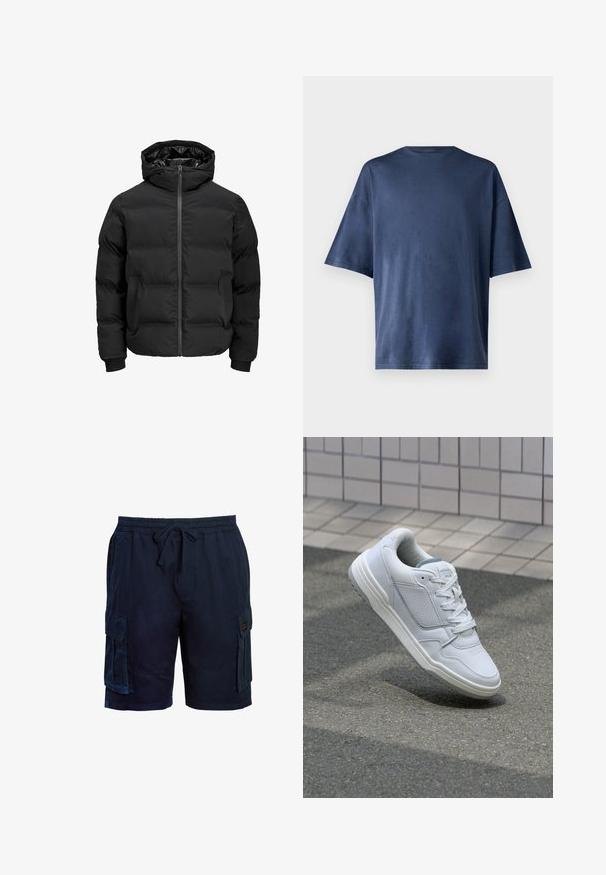 Black padded jacket with a hood, featuring a front zipper closure, ribbed cuffs, and a smooth texture. No visible logos or patterns.; Navy blue short-sleeve T-shirt, made of soft fabric, features a classic crew neck and relaxed fit, with no visible patterns or accents.; Navy blue cargo shorts with an elastic waistband, drawstring, pockets on both sides, and a textured fabric for comfort.; White leather sneaker with perforated sides, textured accents, flat laces, and a contrasting gray heel. Features a slightly elevated sole.