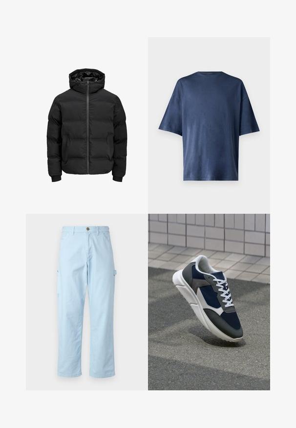 Geacă neagră căptușită cu glugă, având un fermoar frontal, manșete rib knit și o textură netedă. Fără logo-uri sau modele vizibile.; Tricou navy blue cu mânecă scurtă, realizat dintr-un material moale, prezintă un guler clasic și o croială lejeră, fără modele sau accente vizibile.; Pantaloni cargo de culoare albastru deschis, confecționați din bumbac moale, cu o croială dreaptă, având buzunare laterale și închidere cu buton la talie.; Adidași cu un uppers din plasă albastră închisă, accente din suede gri, talpă din cauciuc alb și șireturi plate albe, concepuți pentru confort și respirabilitate.