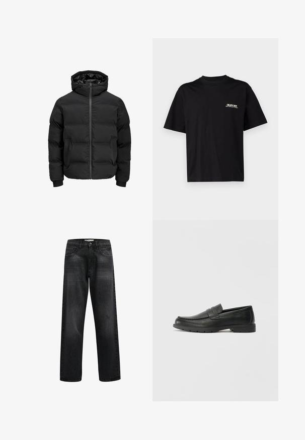 Musta polsterdatud jakk kapuutsiga, millel on ees lukk, soonikkoes varrukad ja sile tekstuur. Nähtavaid logosid või mustreid pole.; Must musta T-särk lühikeste varrukatega, ümar kaelus ja valge ja kuldse tekstiga vasakul rinnal trükk, millel on mugav lõige.; Mustad sirgedega teksad, millel on ees taskud, lukuga esitav ja kanga peal on peened kulumised. Ühtegi nähtavat logo ega kaunistust ei ole.; Musthave nahkkingad siledast nahast, mokassiini stiilis ülevalt, tikanditega ja kummist tallaga. Klassikaline disain madala kontsaga.