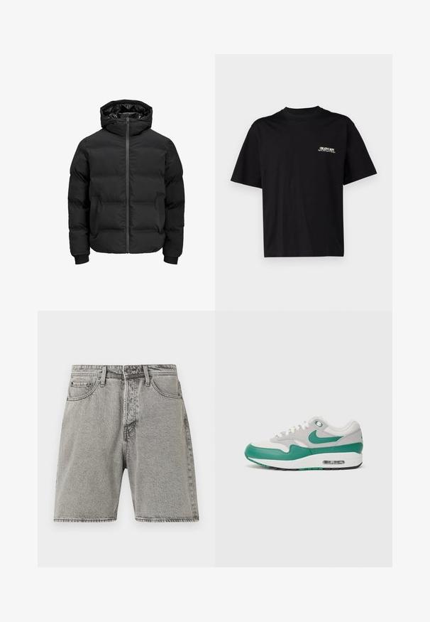 Crna podstava jakna s kapuljačom, koja ima prednje zatvaranje na patentni zatvarač, rebraste manžetne i glatku teksturu. Nema vidljivih logotipa ili uzoraka.; Crna pamukasta majica s kratkim rukavima, okruglim izrezom i printom na lijevoj prednjoj strani u bijelom i zlatnom tekstu, s ležernim krojem.; Sivi traper kratke hlače klasičnog kroja, s pet džepova i vidljivim šavovima. Imaju prednje kopčanje na dugme i blago izbljeđenu teksturu.; Nike Air Max 1 tenisice s gornjim dijelom od sive mreže, zelenim kožnim detaljima, bijelim vezicama i vidljivom zračnom jedinicom u potplatu.