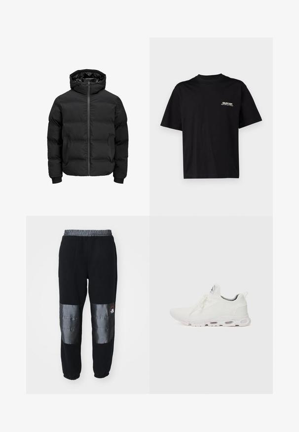 Zwarte gewatteerde jas met capuchon, voorzien van een ritssluiting aan de voorkant, geribde boorden en een gladde textuur. Geen zichtbare logo's of patronen.; Zwarte katoenen t-shirt met korte mouwen, ronde hals, en een print op de voorkant van de linkerborst in witte en gouden tekst, met een ontspannen pasvorm.; The North Face M RETRO DENALI PANT - Trainingsbroek - black/moonstone grey; Witte sportieve schoenen met een gestructureerde gebreide bovenkant, platte veters en een gevoerde zool met zichtbare luchtkamers voor extra ondersteuning.