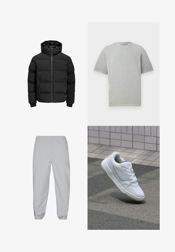 Melna siltināta jaka ar kapuci, ar priekšējo rāvējslēdzēju, ribotu aproču un gludu tekstūru. Nav redzamu logo vai rakstu.; Gaiši pelēks t-krekls ar īsām piedurknēm un apaļu kakla izgriezumu, attēlots uz vienkārša balta fona.; Gai pelēki sporta bikses, izgatavotas no viegla auduma. Elastīgs jostasvīrs un apkakles ar rāvējslēdzēja akcentiem potītēs. Gluda tekstūra.; Baltas ādas sporta apavi ar perforētiem sāniem, teksturētām akcentiem, plakanu šņorēšanu un kontrastējošu pelēku papēdi. Iezīmē nedaudz paaugstinātu zole.