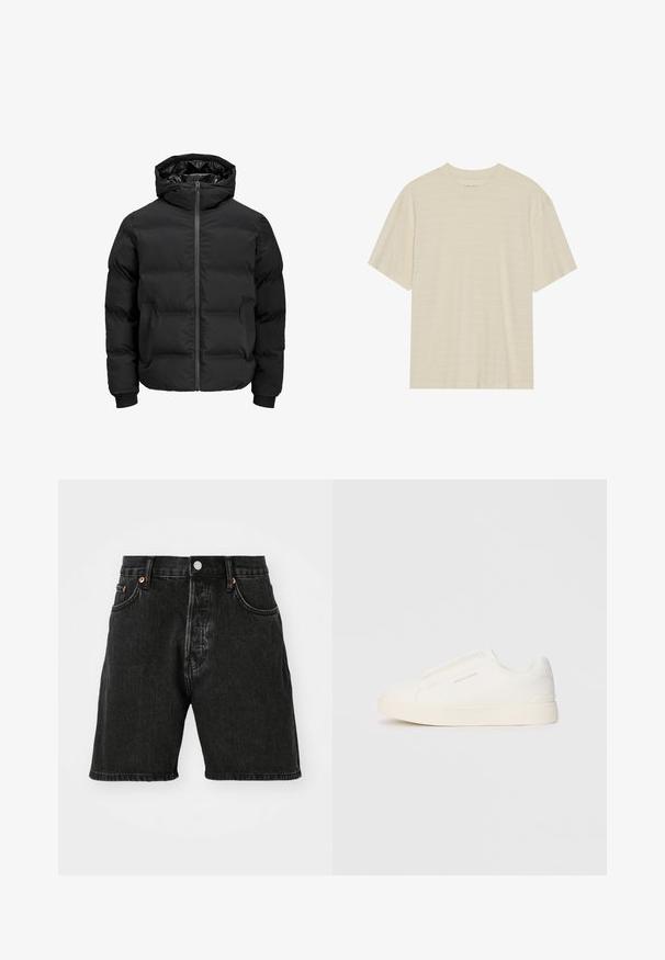 Zwarte gewatteerde jas met capuchon, voorzien van een ritssluiting aan de voorkant, geribde boorden en een gladde textuur. Geen zichtbare logo's of patronen.; Crème-kleurig t-shirt met korte mouwen, voorzien van een subtiele gestreepte textuur en een ronde halslijn, gemaakt van lichte stof.; Zwarte denim shorts met een hoge taille, vijf zakken, koperen knopen en een raw hem. De stof heeft een lichte textuur met vervaging.; Witte instap sneakers met een gestructureerd oppervlak, een dikke zool en een minimalistisch ontwerp. Bevat het merklogo aan de zijkant.