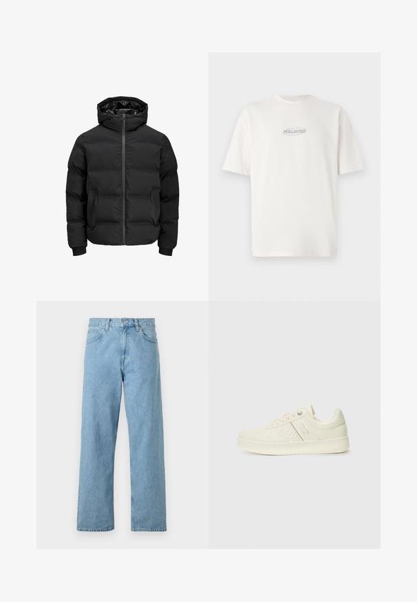 Mustat pehmeät takki, jossa on huppu, etuvetoketjukiinnitys, ribbireunat ja sileä pinta. Ei näkyviä logoja tai kuvioita.; Valkoinen puuvillapaita, jossa on pyöreä kaula-aukko ja lyhyet hihat. Paidassa on rintakehällä keskitetty pieni harmaa "HOLLISTER"-logo.; Vaaleansiniset denim-farkut suoranlahkeisella muotoilulla, viisi taskua, napitus ja vetoketjusuljenta sekä hieman haalistunut viimeistely.; Valkokoska sneaker, jossa on rei'itettyjä yksityiskohtia, nauhat ja logo sivussa, esillä tasaisella valkoisella taustalla.