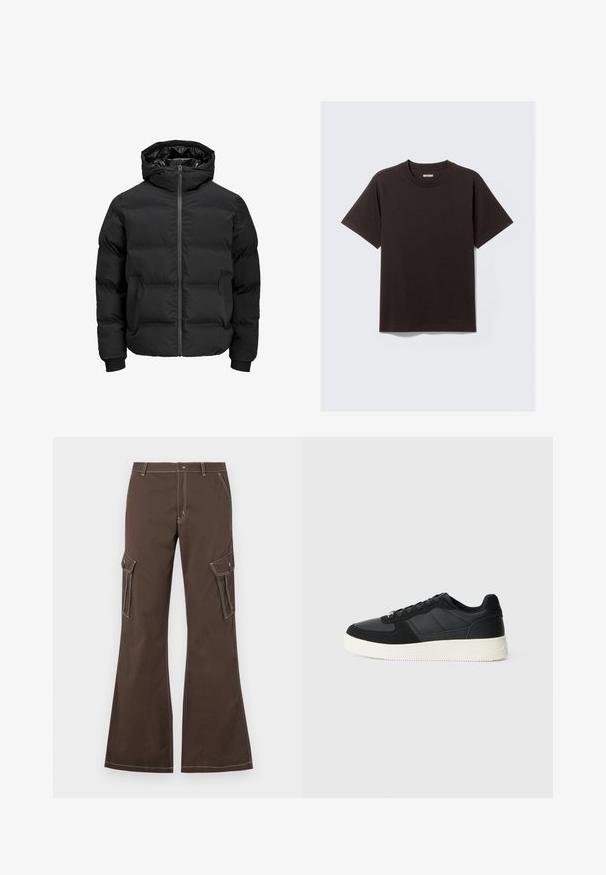 Chaqueta acolchada negra con capucha, que cuenta con un cierre delantero de cremallera, puños acanalados y una textura suave. Sin logotipos ni patrones visibles.; Camiseta de algodón negra de manga corta, con cuello redondo y una pequeña etiqueta "WEEKDAY" en la parte interior del cuello trasero.; Pantalones cargo marrones con piernas acampanadas, que cuentan con bolsillos laterales, detalles de costura blanca y un cierre de botón de metal.; Zapatilla negra de corte bajo con paneles de cuero texturizado y gamuza, suela de goma blanca y cordones negros sobre un fondo claro y liso.
