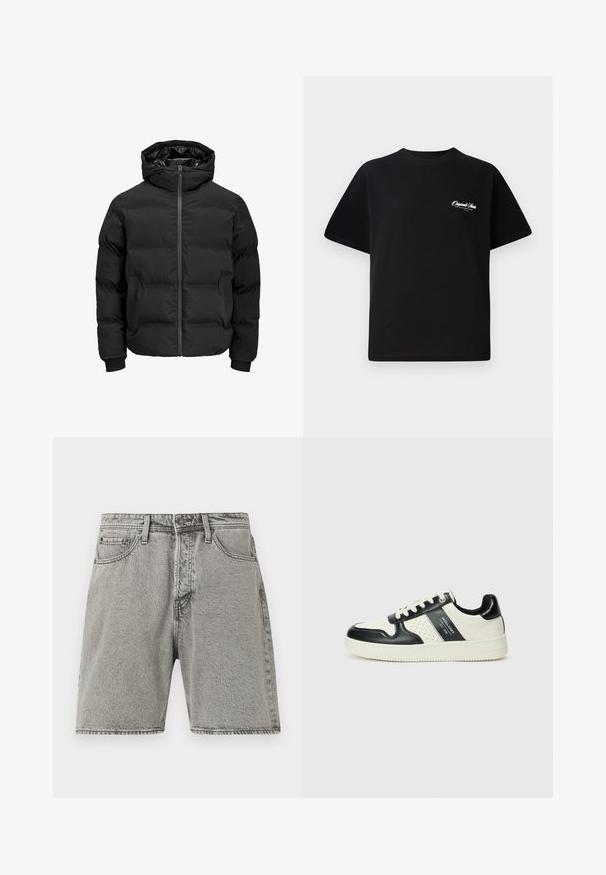 Juoda paminta striukė su gobtuvu, su priekiniais užtrauktukais, raštuotais rankogaliais ir lygia tekstūra. Nėra matomų logotipų ar raštų.; Juodas medvilninis marškinėliai su apvalia kaklo linija, trumpomis rankovėmis ir mažais baltais logotipo raštais kairiajame krūtinės šone. Paprastas dizainas, klasikinio kirpimo.; Pilkos džinsinės šortai su klasikine forma, penkios kišenės ir matoma siuvimo eiga. Įrengtas priekinis sagčių uždarymas ir šiek tiek pašviesėjusi tekstūra.; Odiniai sportbačiai juodos ir kreminės spalvų schemoje, su perforuotais akcentais, paminkštinta apykakle ir tekstūruotu padu.
