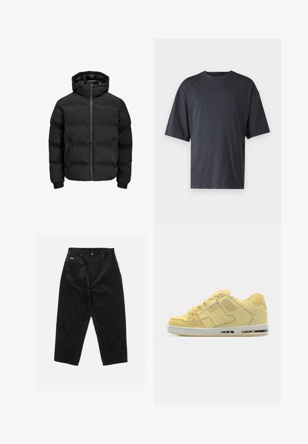 Melna siltināta jaka ar kapuci, ar priekšējo rāvējslēdzēju, ribotu aproču un gludu tekstūru. Nav redzamu logo vai rakstu.; Tumši pelēkas īsām piedurknēm T-krekls, izgatavots no viegla kokvilnas, ar brīvu piegriezumu un klasisku apaļu kakla izgriezumu, bez rakstiem un ar vienveidīgu faktūru.; Melna korduroja bikses ar brīvu piegriezumu, ar augstu jostasvietu, priekšējiem kabatām un redzamām vīlēm. Ievērības cienīga tekstūra ar plašām ribām.; Dzelteni sporta apavi ar zamšādas un sintētisku virsu, perforētiem akcentiem, mīkstu zoli un caurspīdīgu gaisa bloku redzamu papēžā.