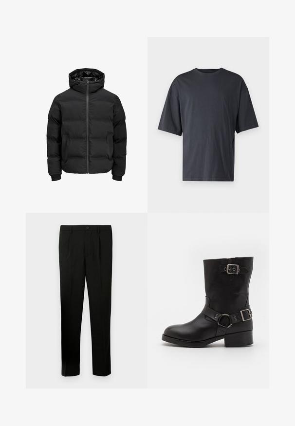 Črna podložena jakna s kapuco, z zadrgo na sprednji strani, rebrastimi manšetami in gladko teksturo. Brez vidnih logotipov ali vzorcev.; Temno siva majica s kratkimi rokavi iz lahkotnega bombaža, z ohlapnim krojem in klasičnim okroglim izrezom, z enostavno teksturo in brez vzorcev.; Črne skrojene hlače s ravnim sprednjim delom, dvema pregiboma, gumbom za zapiranje, stranskimi žepi in ravnim krojem nogavic. Narejene so iz gladkega materiala.; Steve Madden ANVIL - Škornji v kavbojskem/motorističnem slogu - black