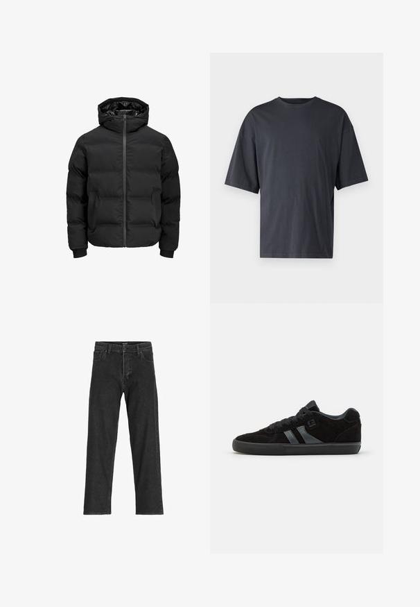 Schwarze gepolsterte Jacke mit Kapuze, ausgestattet mit einem Reißverschluss auf der Vorderseite, gerippten Ärmelbündchen und einer glatten Textur. Keine sichtbaren Logos oder Muster.; Dunkelgraues Kurzarm-T-Shirt aus leichtem Baumwollmaterial, mit lockerer Passform und klassischem Rundhalsausschnitt, in einfarbigem Design ohne Muster.; Schwarze Jeans aus Denim mit geradem Bein, ausgestattet mit einem Reißverschluss, Gürtelschlaufen und sechs Taschen, gefertigt aus einem robusten Baumwollmischgewebe.; Schwarze Wildleder-Skate-Schuhe mit dunklen Gummisohlen, ausgestattet mit grauen Seitenstreifen und passenden Schnürsenkeln, die für Komfort und Langlebigkeit ausgelegt sind.