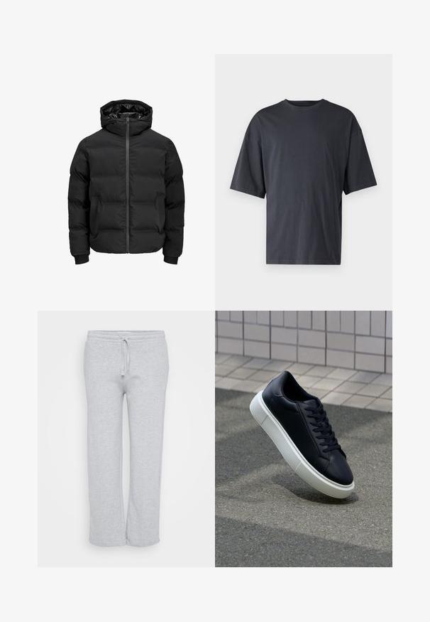 Black padded jacket with a hood, featuring a front zipper closure, ribbed cuffs, and a smooth texture. No visible logos or patterns.; Dark gray short-sleeve t-shirt made of lightweight cotton, featuring a loose fit and classic crew neckline, with plain texture and no patterns.; Light gray sweatpants made of soft fabric, featuring an elastic waistband with a drawstring, straight-leg design, and side pockets.; Black leather sneaker with rounded toe and white rubber sole. Features flat laces and minimal stitching on the upper. Textured sole for grip.