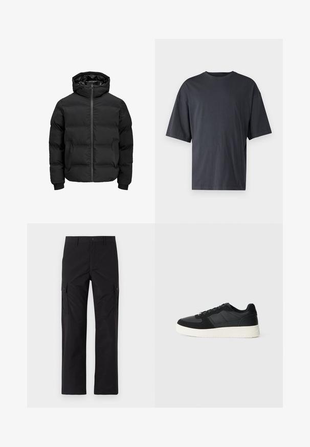 Crna podstava jakna s kapuljačom, koja ima prednje zatvaranje na patentni zatvarač, rebraste manžetne i glatku teksturu. Nema vidljivih logotipa ili uzoraka.; Tamno siva kratka majica s kratkim rukavima, izrađena od laganog pamuka, s opuštenim krojem i klasičnim okruglim izrezom, bez uzoraka i teksta.; Jack & Jones JPSTKARL KURTIS SNAP TECH - Cargo hlače - black; Crni niski tenisice s teksturiranom kožom i antilop panelima, bijelim gumene potplate i crnim vezicama na jednostavnoj svijetloj pozadini.