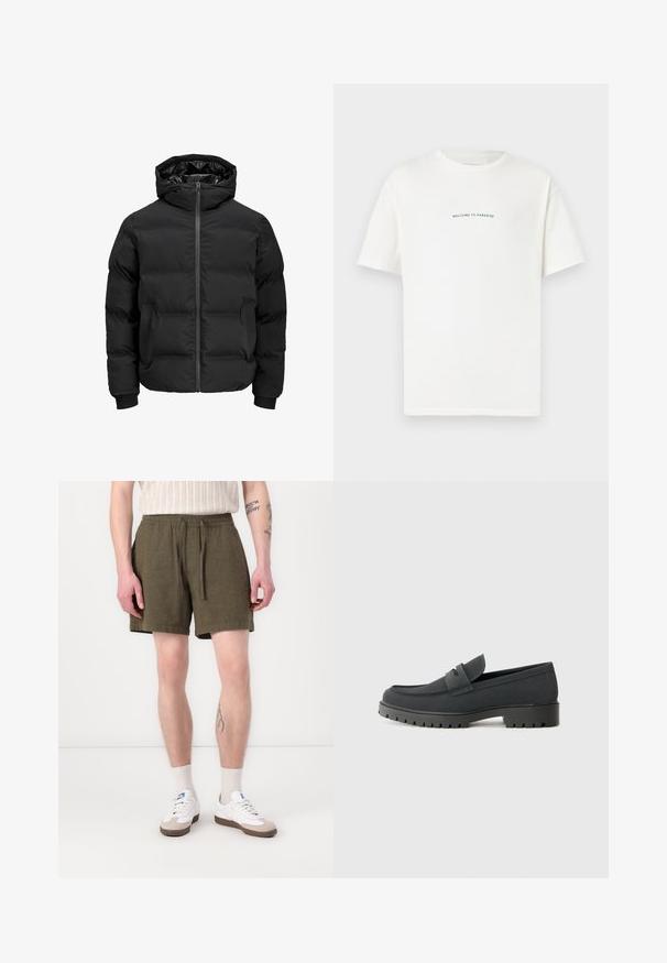 Melna siltināta jaka ar kapuci, ar priekšējo rāvējslēdzēju, ribotu aproču un gludu tekstūru. Nav redzamu logo vai rakstu.; Baltā kokvilnas T-kreklā ar īsām piedurknēm un apaļu kakla izgriezumu. Centrāls teksts lasa "LAIPNI LŪDZAM PARADĪZĒ" zaļā, izliekta fontā.; Olīvu zaļi šorti ar elastīgu jostasvietu un auklu, kuriem ir sānu kabatas un taisns griezums, izgatavoti no viegla auduma.; Melna loafers kurpe ar gludu, matētu apdari, ar noapaļotu purngalu un biezu, teksturētu zoli. Akcentēta ar priekšējo siksnu.