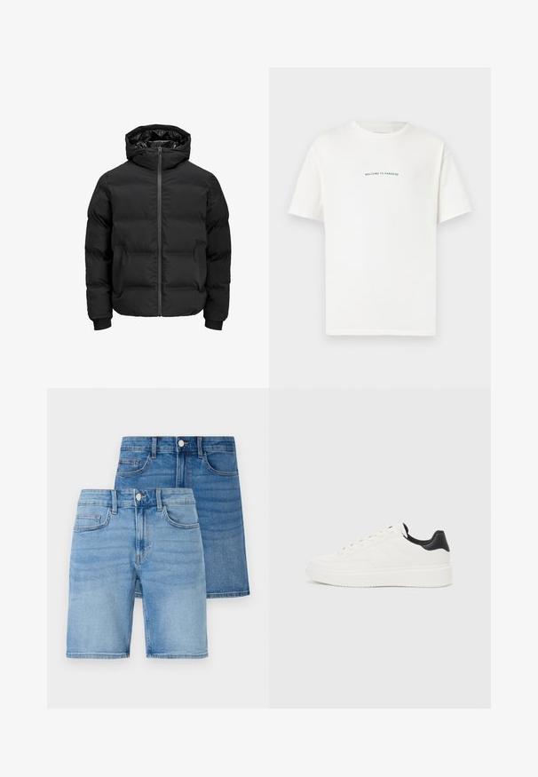 Black padded jacket with a hood, featuring a front zipper closure, ribbed cuffs, and a smooth texture. No visible logos or patterns.; White cotton t-shirt with short sleeves and a crew neck. Centered text reads "WELCOME TO PARADISE" in a curved green font.; Denim shorts and skirt set, featuring light and medium blue washes, classic five-pocket design, and metal button accents.; White leather sneaker with embossed pattern, textured white midsole, and black heel accent. Features rounded toe and flat laces.