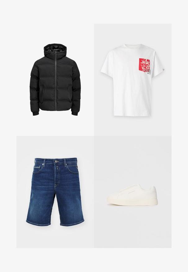 Čierna vypchatá bunda s kapucňou, s predným zipsom, patentnými manžetami a hladkým povrchom. Žiadne viditeľné logá ani vzory.; Biely bavlnený tričko s červenou kapsou s kvetinovým dizajnom a textom. Krátke rukávy, okrúhly výstrih a voľný strih.; Džínové šortky v tmavomodrej farbe, s gombíkovým zapínaním, piatimi vreckami a rovný strih. Stredne ťažká tkanina s jemným vyblednutím.; Biele slip-on tenisky s textúrovaným povrchom, hrubou podrážkou a minimalistickým dizajnom. Obsahuje logo značky na boku.