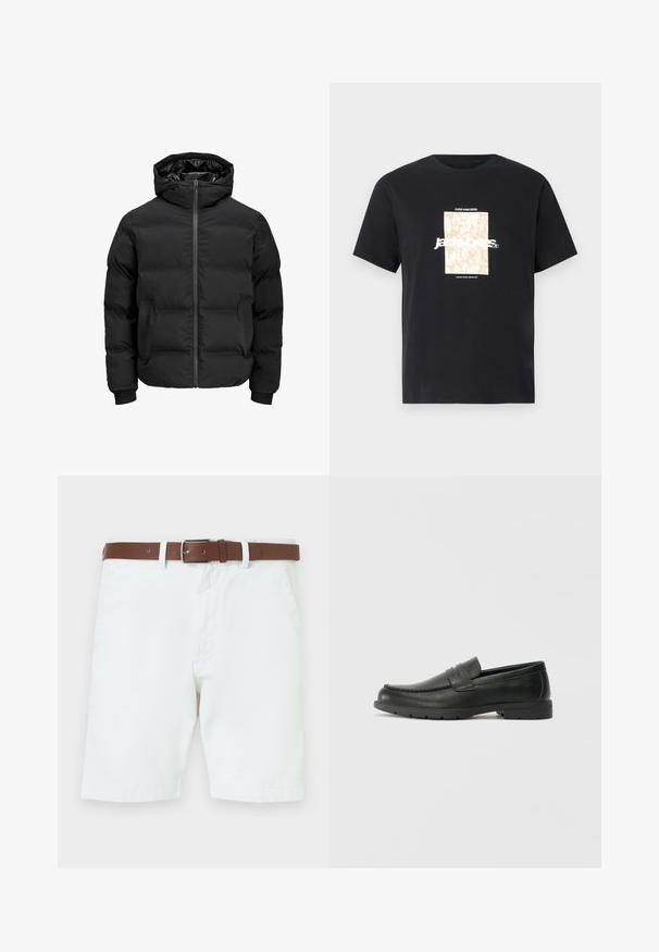 Geacă neagră căptușită cu glugă, având un fermoar frontal, manșete rib knit și o textură netedă. Fără logo-uri sau modele vizibile.; Tricou negru din bumbac cu guler rotund. Prezentând o grafică rectangulară bej și text alb, "JAWO," centrat pe față. Mâneci scurte.; Shorts albe din bumbac, prezentând un curea din piele maro cu o cataramă argintie. Închidere cu capse și fermoar, buzunare laterale și tivuri finisate.; Labeled cu oglindă din piele neagră cu un finisaj neted, partea superioară în stil mocasin, detalii cusute și o talpă din cauciuc. Design clasic cu un toc jos.