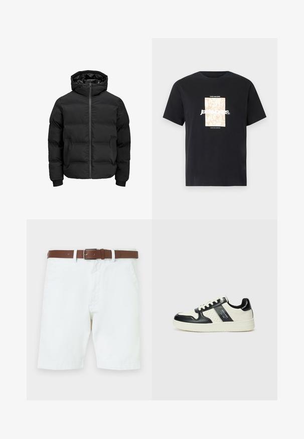 Geacă neagră căptușită cu glugă, având un fermoar frontal, manșete rib knit și o textură netedă. Fără logo-uri sau modele vizibile.; Tricou negru din bumbac cu guler rotund. Prezentând o grafică rectangulară bej și text alb, "JAWO," centrat pe față. Mâneci scurte.; Shorts albe din bumbac, prezentând un curea din piele maro cu o cataramă argintie. Închidere cu capse și fermoar, buzunare laterale și tivuri finisate.; Tenisi din piele cu un scheme de culori negru și crem, dotati cu accente perforate, guler căptușit și o talpă texturată.