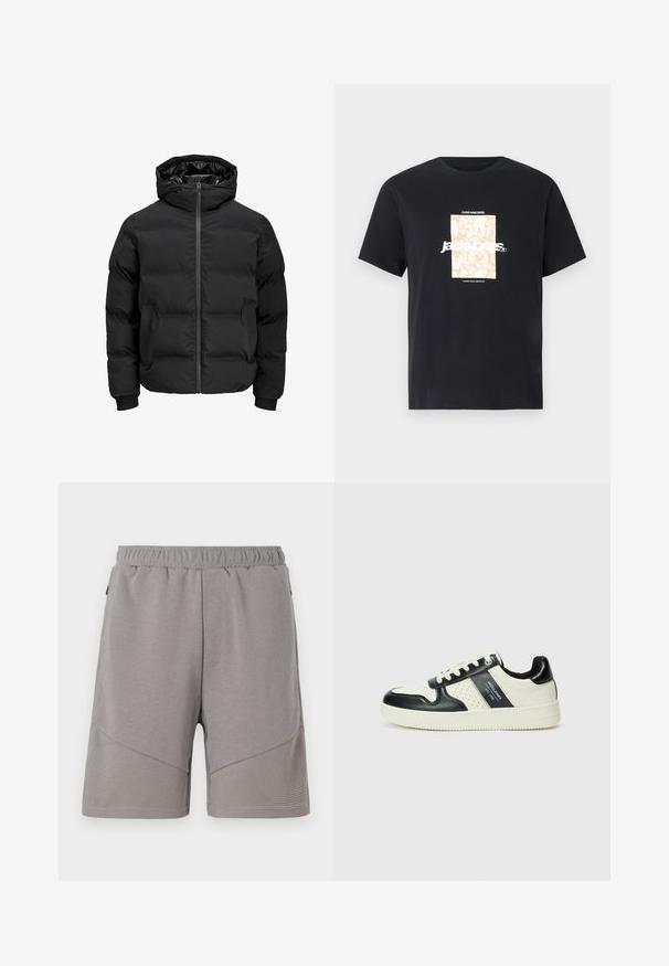 Chaqueta acolchada negra con capucha, que cuenta con un cierre delantero de cremallera, puños acanalados y una textura suave. Sin logotipos ni patrones visibles.; Camiseta de algodón negra con cuello redondo. Presenta un gráfico rectangular beige y texto blanco, "JAWO," centrado en la parte delantera. Mangas cortas.; Pantalones cortos atléticos grises con una cinturilla elástica, que presentan un panel inferior texturizado y una sección superior lisa.; Zapatillas de cuero con un esquema de colores negro y crema, que cuentan con acentos perforados, un collar acolchado y una suela texturizada.