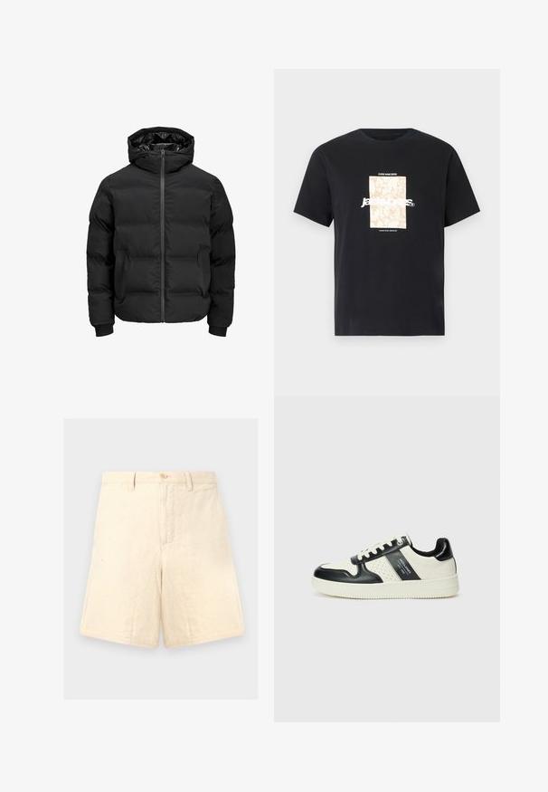 Čierna vypchatá bunda s kapucňou, s predným zipsom, patentnými manžetami a hladkým povrchom. Žiadne viditeľné logá ani vzory.; Čierne bavlnené tričko s okrúhlym výstrihom. Na prednej strane sa nachádza béžová obdĺžniková grafika s bielym textom "JAWO," ktorý je umiestnený na stred. Krátke rukávy.; Béžové ľanové šortky s prispôsobeným strihom, s predným zapínaním na gombík, dvomi bočnými vreckami a jemnou textúrou.; Kožené tenisky v čierno-krémovej farbe, s perforovanými akcentmi, polstrovaným golierom a štruktúrovanou podrážkou.