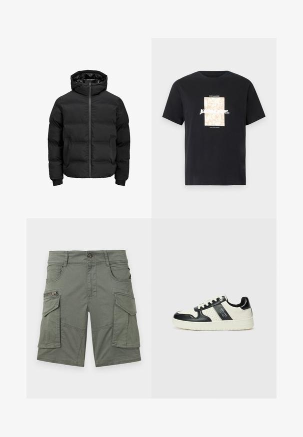 Chaqueta acolchada negra con capucha, que cuenta con un cierre delantero de cremallera, puños acanalados y una textura suave. Sin logotipos ni patrones visibles.; Camiseta de algodón negra con cuello redondo. Presenta un gráfico rectangular beige y texto blanco, "JAWO," centrado en la parte delantera. Mangas cortas.; Pantalones cortos cargo verde oliva hechos de una mezcla de algodón. Presenta múltiples bolsillos, incluyendo un bolsillo con cremallera, y detalles de costura resistentes.; Zapatillas de cuero con un esquema de colores negro y crema, que cuentan con acentos perforados, un collar acolchado y una suela texturizada.