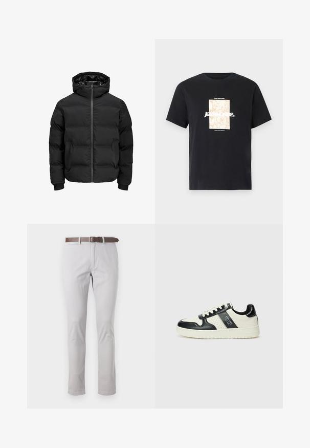 Giacca imbottita nera con cappuccio, dotata di chiusura frontale con zip, polsini a coste e una texture liscia. Senza loghi o fantasie visibili.; Maglietta in cotone nera con collo tondo. Presenta una grafica rettangolare beige e il testo bianco, "JAWO," centrato sulla parte frontale. Maniche corte.; Pantaloni grigi chiari in cotone con vestibilità slim. Presentano una cintura in pelle marrone e dettagli di cucitura minimal sui lati.; Sneakers in pelle con una combinazione di colori nero e crema, dotati di dettagli perforati, collare imbottito e suola testurizzata.