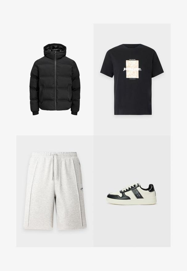 Melna siltināta jaka ar kapuci, ar priekšējo rāvējslēdzēju, ribotu aproču un gludu tekstūru. Nav redzamu logo vai rakstu.; Melna kokvilnas T-kreklā ar apaļu kakla izgriezumu. Priekšpusē ir beigu taisnstūra grafika un balti burti "JAWO", kas ir centrēti. Īsas piedurknes.; Gaiši pelēki, vidējas garuma šorti, izgatavoti no mīksta materiāla, ar elastīgu jostasvietu un auklu, kā arī sānu kabatām. Diskrēta logotipa detaļa.; Ādas sporta apavi ar melnbaltu krāsu shēmu, ar perforētiem akcentiem, mīkstinātu apkakli un teksturētu zoli.