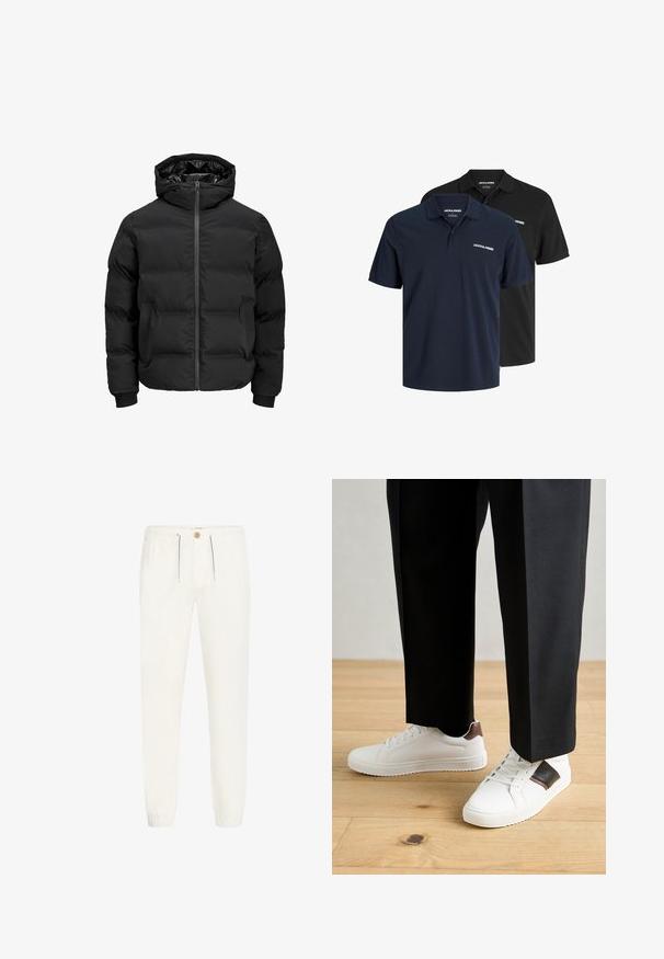 Chaqueta acolchada negra con capucha, que cuenta con un cierre delantero de cremallera, puños acanalados y una textura suave. Sin logotipos ni patrones visibles.; Dos camisetas polo: una azul marino con logo blanco y otra negra. Ambas cuentan con un cuello clásico y mangas cortas, hechas de un tejido ligero.; Pantalones blancos y ligeros hechos de una tela suave. Presentan una cintura elástica con cordón, cierre de botón y puños de canalé.; Zapatillas blancas con textura suave, con acentos de cuero marrón y detalles en negro, combinadas con pantalones negros ajustados. Fondo de suelo de madera.