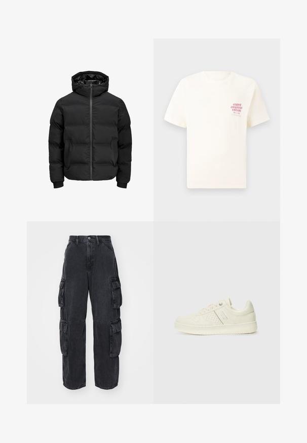 Černá polstrovaná bunda s kapucí, má přední zip, manžety s žebrováním a hladký povrch. Bez viditelných log a vzorů.; Bílý krátký rukávový tričko s červeným textem "Studio Originals Edition" na levé hrudi, vystavené na neutrálním šedém pozadí.; GAP DOUBLE PANT - Džíny Relaxed Fit - washed black; Světlé krémové tenisky s perforovanými detaily, šněrováním a logem na boku, vystavené na jednoduchém bílém pozadí.