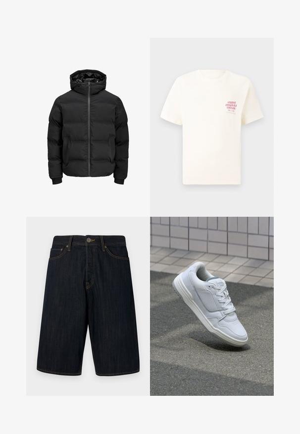 Musta polsterdatud jakk kapuutsiga, millel on ees lukk, soonikkoes varrukad ja sile tekstuur. Nähtavaid logosid või mustreid pole.; Valge lühikeste varrukatega T-särk, millel on vasakul rinnal punane tekst "Studio Originals Edition", esitatud neutraalsel hallil taustal.; Tumedat teksasist lühikesed püksid sirge lõikega, millel on kollane õmblus, viis taskut ja ette nööbistamise sulgus. Sile tekstuur.; Valge nahkne toss, millel on perforeeritud külgedega, tekstuuriga aktsendid, lame pael ja kontrastne hall konts. Omab veidi tõstetud tallat.