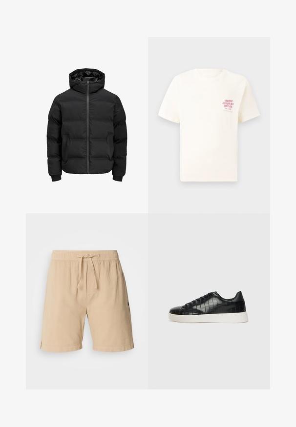 Čierna vypchatá bunda s kapucňou, s predným zipsom, patentnými manžetami a hladkým povrchom. Žiadne viditeľné logá ani vzory.; Biele tričko s krátkym rukávom s červeným textom "Studio Originals Edition" na ľavej hrudi, zobrazené na neutrálnom šedom pozadí.; Béžové šortky z bavlny s elastickým pásom, sťahovacou šnúrkou, bočnými vreckami a prešívanými detailmi na leme.; Čierne tenisky s textúrovaným kroko-embosovaným koženým zvrškom, zaoblenou špičkou a kontrastnou bielou gumovou podrážkou s hladkým povrchom.