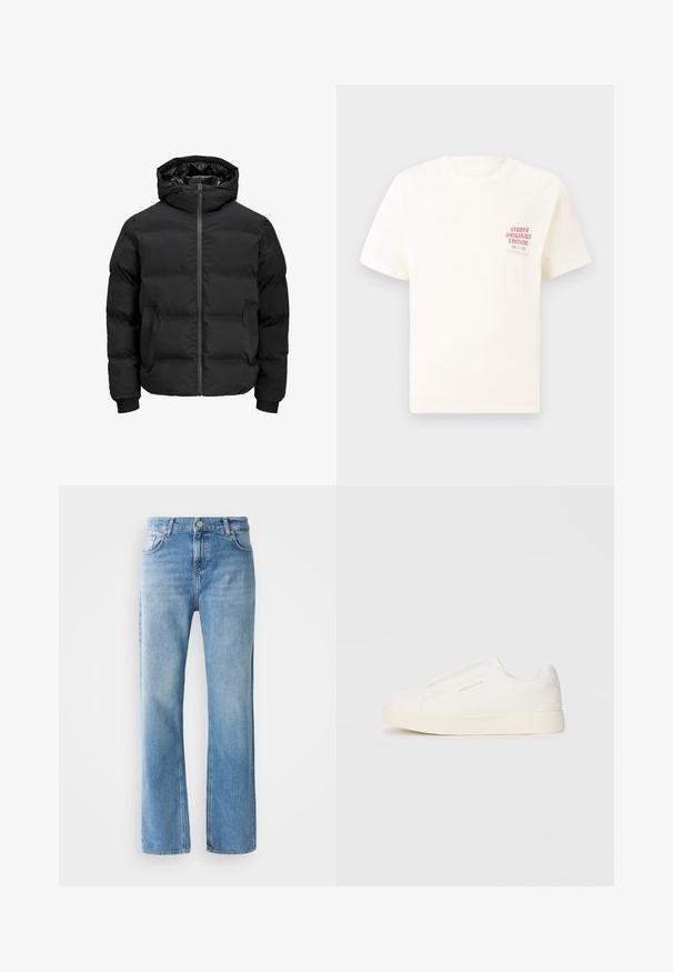 Juoda paminta striukė su gobtuvu, su priekiniais užtrauktukais, raštuotais rankogaliais ir lygia tekstūra. Nėra matomų logotipų ar raštų.; Balta trumpa rankovėmis marškinėliai su raudonu užrašu "Studio Originals Edition" kairiajame krūtinės šone, rodomi neutralioje pilkoje aplinkoje.; Šviesiai mėlynos džinsinės kelnės su tiesiomis kojomis. Ypatybės apima mygtuko uždarymą, diržo kilpas ir priekinę/šoninę kišenes su minimaliais nusidėvėjimo požymiais.; Baltos slip-on sportbačiai su tekstūruota paviršiumi, storesniu padu ir minimalistišku dizainu. Šone matosi prekės ženklo logotipas.