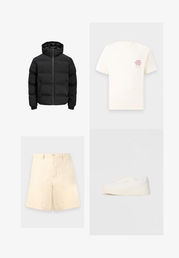 Veste noire rembourrée avec capuche, dotée d'une fermeture éclair sur le devant, de poignets à côtes et d'une texture lisse. Pas de logos ou de motifs visibles.; T-shirt blanc à manches courtes avec le texte rouge "Édition Originals du Studio" sur la poitrine gauche, présenté sur un fond gris neutre.; Shorts en lin beige avec une coupe ajustée, dotés d'une fermeture à bouton à l'avant, de deux poches latérales et d'une texture subtile.; Baskets blanches sans lacets avec une surface texturée, une semelle épaisse et un design minimaliste. Présente le logo de la marque sur le côté.