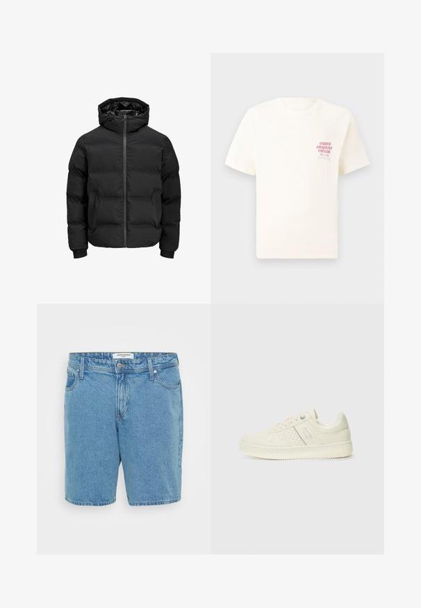 Črna podložena jakna s kapuco, z zadrgo na sprednji strani, rebrastimi manšetami in gladko teksturo. Brez vidnih logotipov ali vzorcev.; Bela majica s kratkimi rokavi z rdečim napisom "Studio Originals Edition" na levi strani prsnega koša, prikazana na nevtralnem sivo backgroundu.; Svetlo modri denim kratki hlače s klasičnim krojem. Imajo pet žepov, gumbasto zapiranje in subtilno izblit prerez. Narejene so iz bombaža.; Sneaker v kremni barvi s perforiranim detajlom, vezalkami in logotipom na strani, prikazan na enostavni beli ozadju.