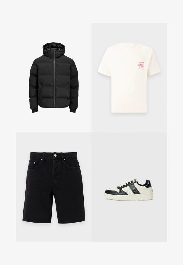 Geacă neagră căptușită cu glugă, având un fermoar frontal, manșete rib knit și o textură netedă. Fără logo-uri sau modele vizibile.; Tricou alb cu mânecă scurtă, având text roșu "Studio Originals Edition" pe partea stângă a pieptului, expus pe un fundal gri neutru.; Shorts din denim negru cu croi drept, având închidere cu nasture și fermoar, bucle pentru curea și buzunare frontale. Textură netedă, detalii minime.; Tenisi din piele cu un scheme de culori negru și crem, dotati cu accente perforate, guler căptușit și o talpă texturată.