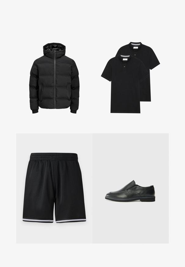 Mustat pehmeät takki, jossa on huppu, etuvetoketjukiinnitys, ribbireunat ja sileä pinta. Ei näkyviä logoja tai kuvioita.; Kaksi mustaa lyhythihaista poolopaitaa, puuvillamateriaalia, joissa on klassinen kaulus, kahden napin napitus ja valkoiset raidat kauluksen sisällä.; Mustat verkkokudot urheilushortsit, joissa on joustava vyötärö, ja joissa on valkoisia raitoja helman ympärillä lisäyksinä. Kevyt ja hengittävä materiaali.; Musta nahkainen liukujalkine, jossa on sileä pinta, ommeltuja yksityiskohtia, pyöristetty kärki ja matala kumipohja. Pohjassa on minimaalinen pito.