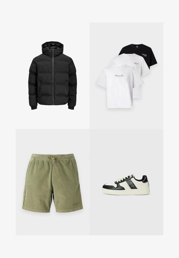 Črna podložena jakna s kapuco, z zadrgo na sprednji strani, rebrastimi manšetami in gladko teksturo. Brez vidnih logotipov ali vzorcev.; Tri majice v paketu: ena črna in dve beli. Kratki rokavi, okrogli ovratnik, z napisom na prsih v kontrastnih barvah. Iz bombaža.; Svetlo zeleni kordurojski šortsi z elastičnim pasom in vrvico. Imajo stranske žepe in subtilne šivanje detajle.; Usnjeni športni čevlji z črno in krem barvno shemo, ki vključujejo perforirane dodatke, podložen ovratnik in strukturirano podplat.