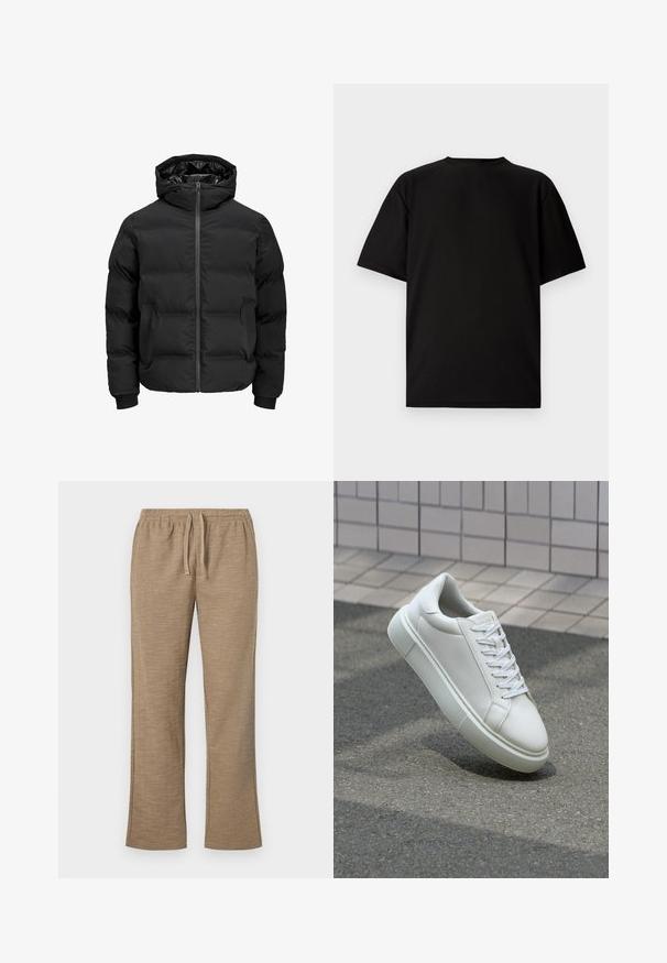 Melna siltināta jaka ar kapuci, ar priekšējo rāvējslēdzēju, ribotu aproču un gludu tekstūru. Nav redzamu logo vai rakstu.; Melna īsām piedurknēm T-kreklu, kas izgatavots no ribotas auduma. Tam ir apaļa kakla izgriezums un brīvs piegriezums ar gludu tekstūru. Skats tikai no aizmugures.; Kreklu bikses ar teksturētu rakstu, ar elastīgu jostasvietu un auklu. Taisnu kāju dizains ar nedaudz paplatinātu apakšdaļu.; Baltas ādas sporta apavi ar gludu virsmu, apaļu pirkstu un plakanām baltām šņorēm. Iezīmējas ar strukturētu gumijas zoli un minimālisma dizaina elementiem.