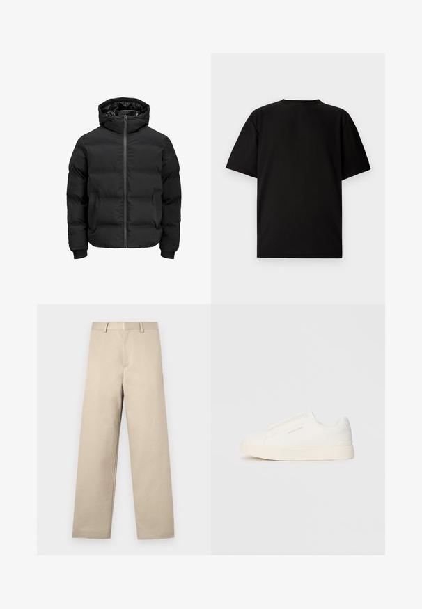 Black padded jacket with a hood, featuring a front zipper closure, ribbed cuffs, and a smooth texture. No visible logos or patterns.; Black short-sleeve T-shirt made from ribbed fabric. Features a round neckline and a relaxed fit with a smooth texture. Back view only.; Beige trousers with a straight-leg design, flat front, two side pockets, and a zipper fly. Made from a smooth cotton fabric.; White slip-on sneakers with a textured surface, a thick sole, and minimalistic design. Features brand logo on the side.