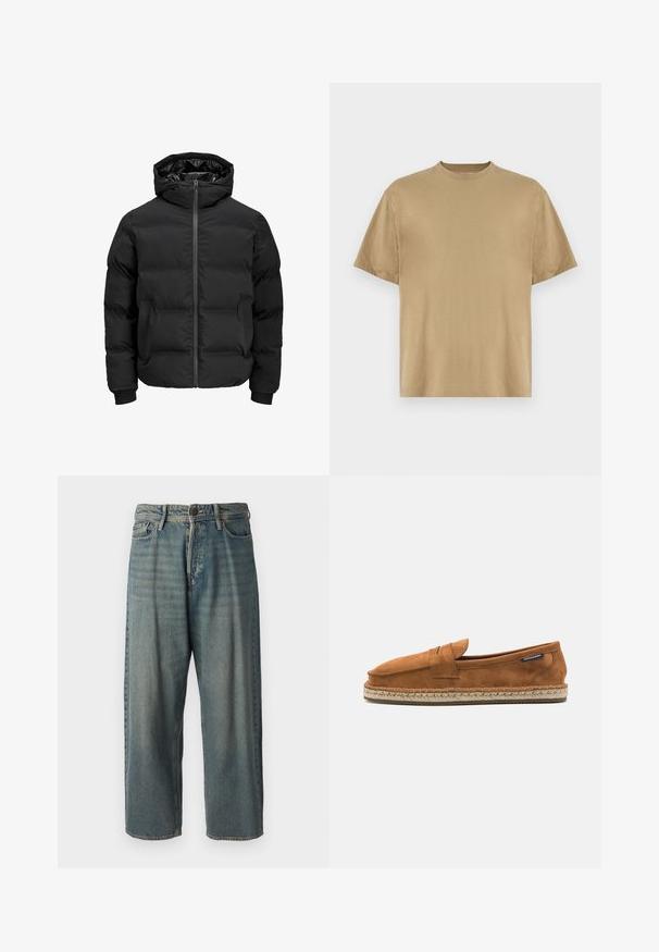 Svart polstret jakke med hette, med glidelås foran, ribbestrikkede mansjetter og en jevn tekstur. Ingen synlige logoer eller mønstre.; Khaki kortermet T-skjorte laget av mykt stoff, med rund hals og en avslappet passform. Ingen mønstre eller grafikk er synlige.; Lyseblå denimjeans med løs passform, midjehøyde og rette ben. Har fem lommer, beltehemper og knappelukking.; Brune suedé slip-on sko med rund tå, med en flettet jute såle og et lite aksentbånd over forsiden.