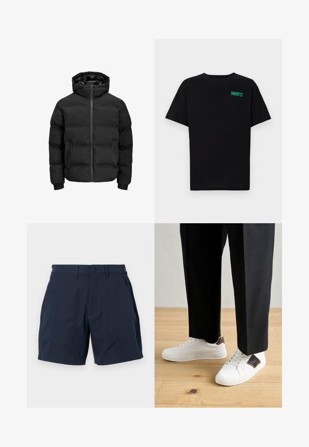 Black padded jacket with a hood, featuring a front zipper closure, ribbed cuffs, and a smooth texture. No visible logos or patterns.; Black t-shirt made of cotton with short sleeves. Features a green "ROOTS" logo on the front, round neckline, and standard fit.; Navy blue shorts made of smooth, lightweight fabric. Features a button closure, side pockets, and a tailored design with a straight cut.; White sneakers with smooth texture, featuring brown leather accents and black detailing, paired with black tailored pants. Wooden floor background.