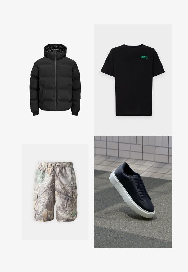Čierna vypchatá bunda s kapucňou, s predným zipsom, patentnými manžetami a hladkým povrchom. Žiadne viditeľné logá ani vzory.; Čierne tričko s krátkymi rukávmi vyrobené z bavlny. Na prednej strane má zelené logo "ROOTS", okrúhly výstrih a štandardný strih.; Kamikaze cargo šortky s ľahkým materiálom, nastaviteľným šnurovaním v páse, bočnými vreckami a kombináciou zemských tónov a vzorov.; Čierne kožené tenisky s okrúhlou špičkou a bielou gumovou podrážkou. Majú ploché šnúrky a minimálne šitie na vrchu. Textúrovaná podrážka pre lepšiu priľnavosť.