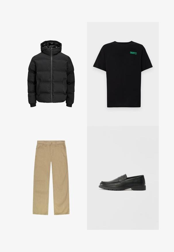 Čierna vypchatá bunda s kapucňou, s predným zipsom, patentnými manžetami a hladkým povrchom. Žiadne viditeľné logá ani vzory.; Čierne tričko s krátkymi rukávmi vyrobené z bavlny. Na prednej strane má zelené logo "ROOTS", okrúhly výstrih a štandardný strih.; Béžové bavlnené twill nohavice so strihom rovného nohu, piatimi vreckami, zapínaním na tlačidlo vpredu a medenými nitmi pre väčšiu odolnosť.; Čierne kožené mokasíny s hladkým povrchom, vrchnou časťou v štýle mokasín, prešitým detailom a gumovou podrážkou. Klasický dizajn s nízkym podpätkom.