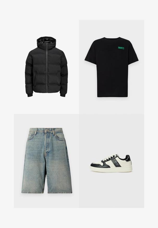 Musta polsterdatud jakk kapuutsiga, millel on ees lukk, soonikkoes varrukad ja sile tekstuur. Nähtavaid logosid või mustreid pole.; Must t-särk, mis on valmistatud puuvillast, lühikeste varrukatega. Esipaneelil on roheline "ROOTS" logo, ümmargune kaelus ja tavapärane lõige.; Heledad sinine teksatagi, millel on mugav lõige, viis taskut, esine nupuga sulgemine ja ebaühtlane ääreline.; Nahatud nahkkingad musta ja kreemi värviskeemiga, millel on perforeeritud aktsendid, pehme krae ja tekstureeritud tallad.